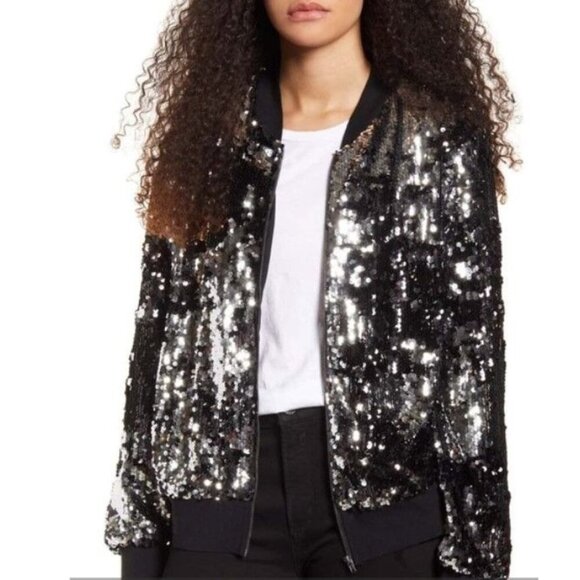 Women's‎ Socialite Sequin Bomber Jacket, Size Small Black Silver Glitter Excel - Picture 1 of 8